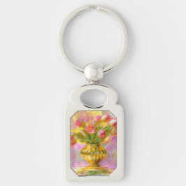 Chaveiro Tulipas Rosa Vibrantes em Vase Ouro