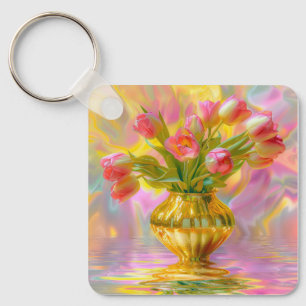 Chaveiro Tulipas Rosa Vibrantes em Vase Ouro
