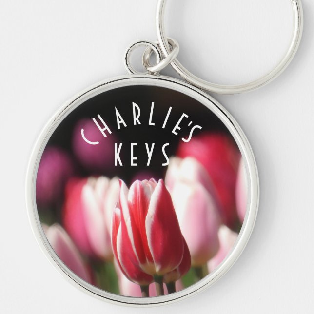 Chaveiro Tulipas Vermelhos e Brancos, Rosa *personalize* (Frente)