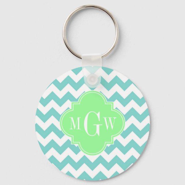 Chaveiro Turq / Aqua Wht Chevron Mint 3 Monograma Inicial (Frente)