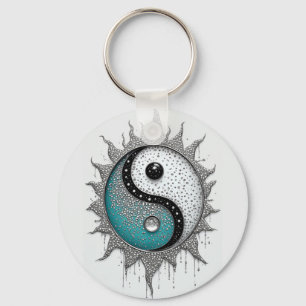 Chaveiro Turquesa Branco Yin Yang Com Detalhes Radiantes