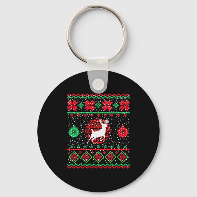 Chaveiro Ugly Christmas Sweater Design Plaid Reindeer  (Frente)