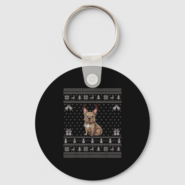 Chaveiro Ugly Xmas Sweater Style Frenchie Dog Reindeer Chri (Frente)