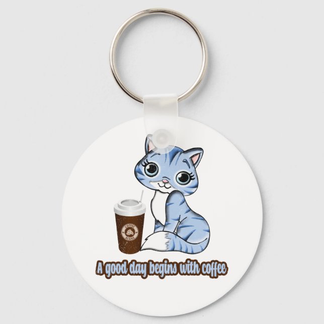 Chaveiro Um Bom Dia Começa Com Café | Gatos E Café (Frente)
