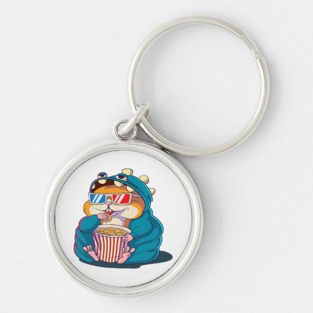 Chaveiro Um hamster engraçado usando óculos come pipoca (Frente)