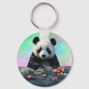 Chaveiro Um panda olha curiosamente para peixes coloridos n