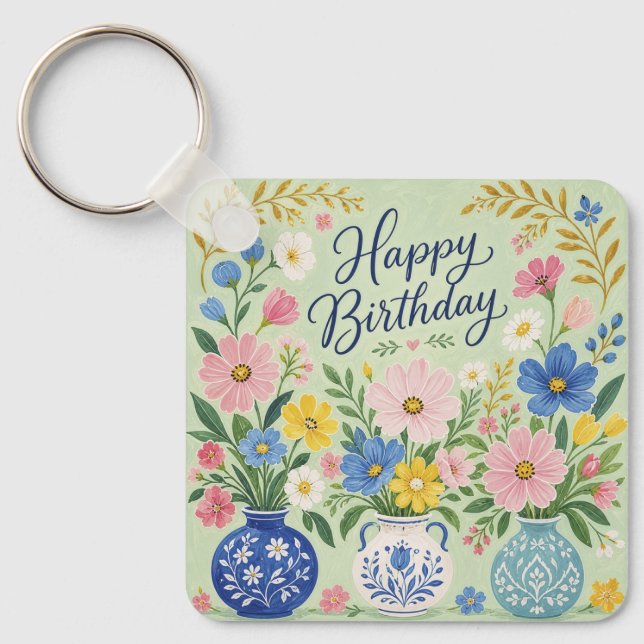 Chaveiro Um Trio de Flores de Aniversário (Frente)