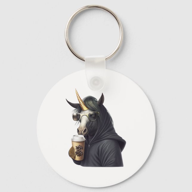 Chaveiro Um unicórnio com capuz bebe um café. (Frente)