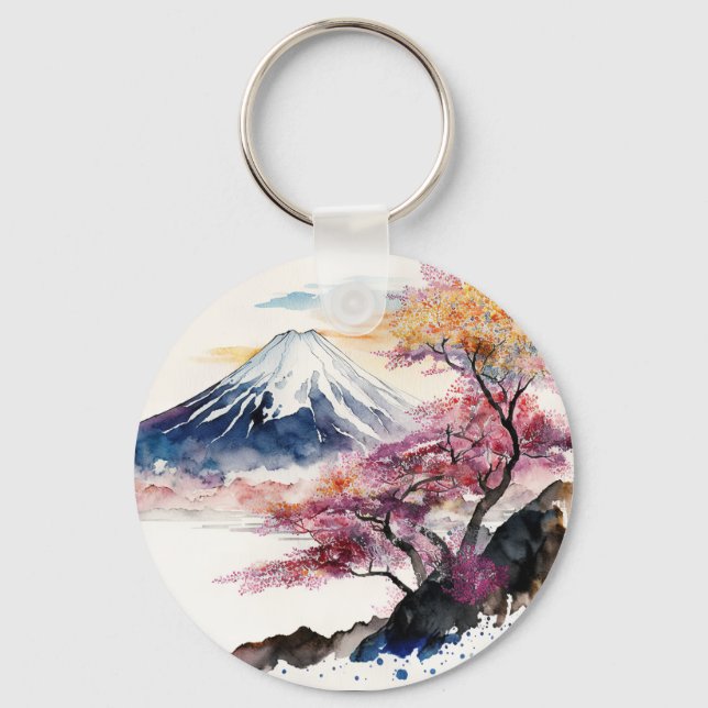Chaveiro Uma bela aquarela do Monte Fuji (Frente)