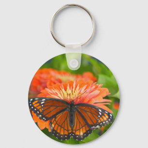 Chaveiro Uma Borboleta Viceroy em Zinnias Laranja
