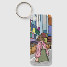 Chaveiro Uma mulher caminha por uma rua movimentada da cida