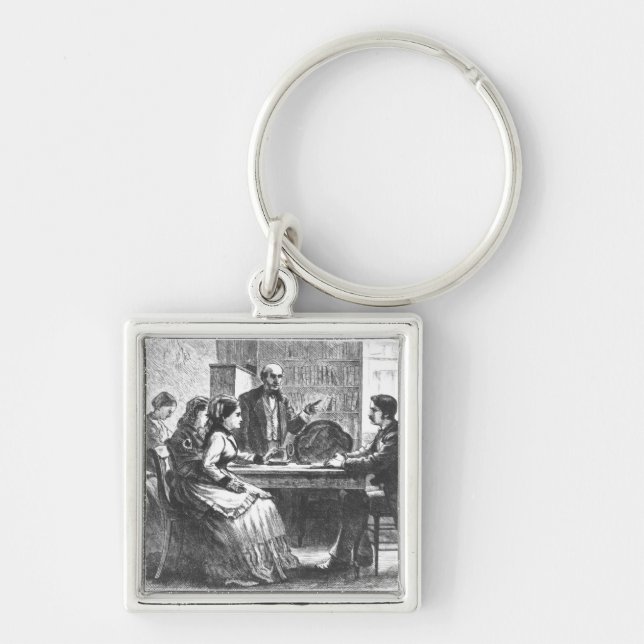 Chaveiro Uma mulher negocia com um gerente de fábrica, (Frente)