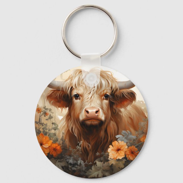 Chaveiro Uma Série Floral Highland Cow Design 2 (Frente)