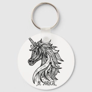 Chaveiro Unicorn Mandala Henna Doodle Black White Legal