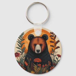 Chaveiro Urso Artístico Entre Flores Botânicas Vibrantes