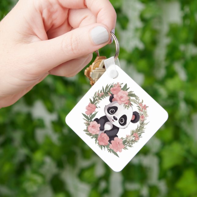 Chaveiro Urso de Panda Adorável com Flores (Mão)