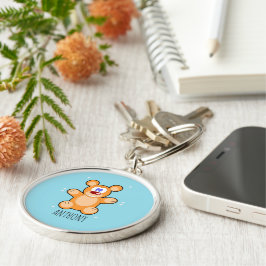 Chaveiro Urso marrom, monograma, de pelúcia azul