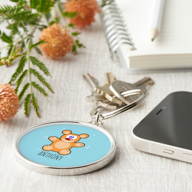 Chaveiro Urso marrom, monograma, de pelúcia azul (Lateral)