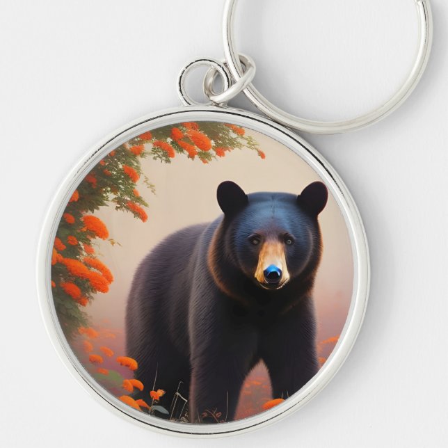 Chaveiro Urso Negro em flores laranja (Frente)