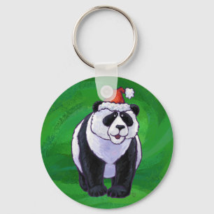 Chaveiro Urso Panda Fofo de Chapéu de Papai Noel no Verde