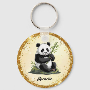 Chaveiro Urso Panda Fofo Personalizado Verde Bambu Dourado