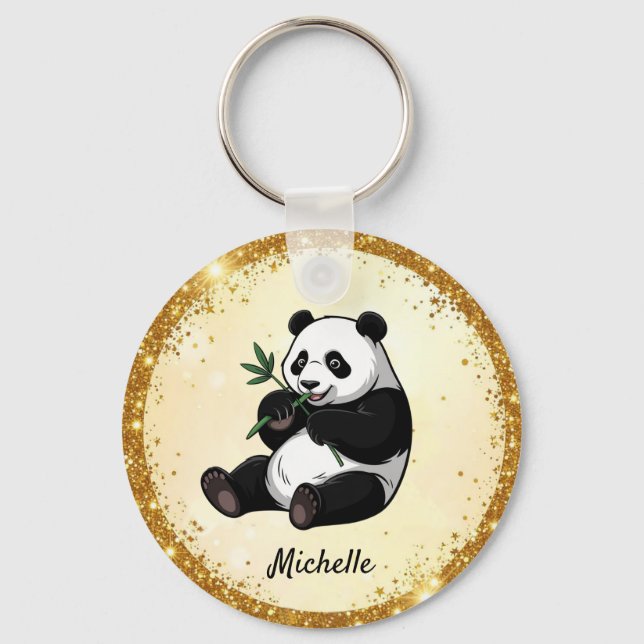 Chaveiro Urso Panda Fofo Personalizado Verde Bambu Dourado (Frente)