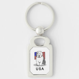 Chaveiro US American Flag Old English Sheepdog (Cinza 1)