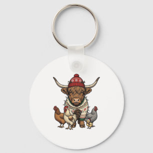 Chaveiro Vaca Alta Escocesa de Natal e Galinhas Engravura V