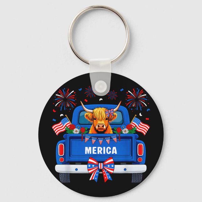 Chaveiro Vaca das Terras Altas da 4 de julho bandeira ameri (Frente)