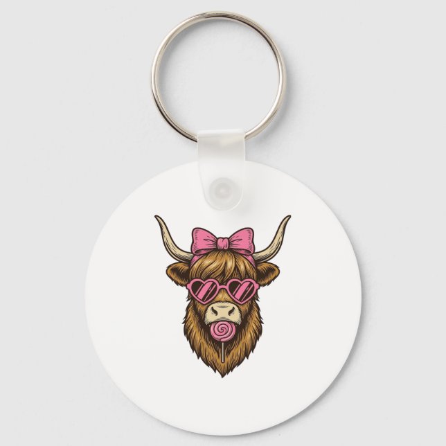 Chaveiro Vaca das Terras Altas Fofa com Óculos de Coração R (Frente)