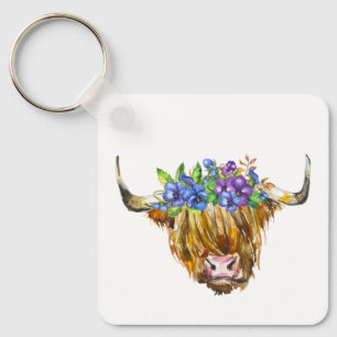 Chaveiro Vaca Escocesa Highland com Flores Aquarela