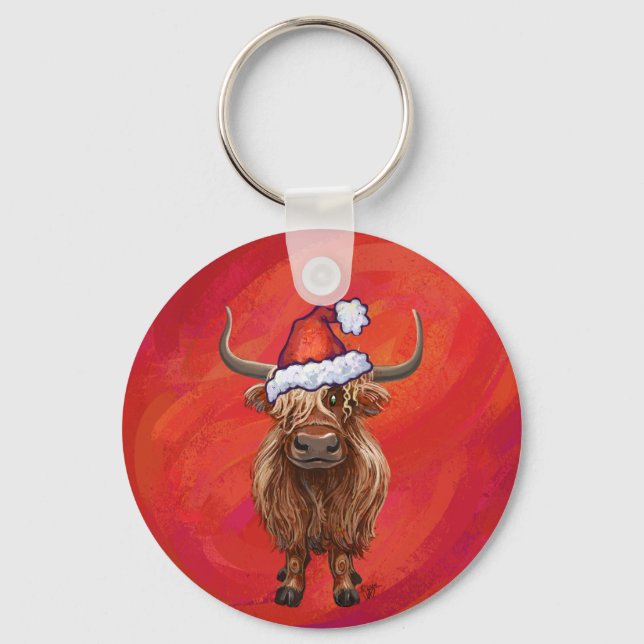 Chaveiro Vaca Highland em Santa Hat em Vermelho (Frente)