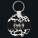 Chaveiro Vaca Personalizada Mancha Impressão<br><div class="desc">A pele de vaca branca e negra personalizada,  clássica e moderna,  mostra textura design festa de aniversário ano e presente de nome. Impressão animal em manchas de vaca</div>