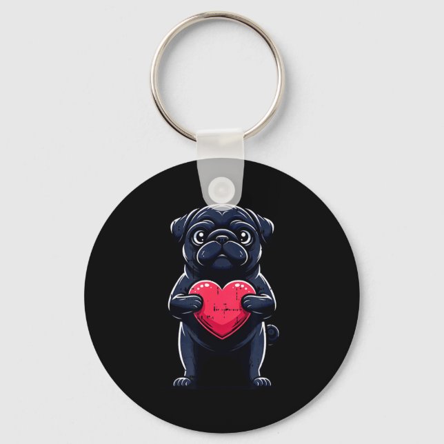 Chaveiro Valentines Day Black Pug Heart Funny Dog Mom Dad F (Frente)