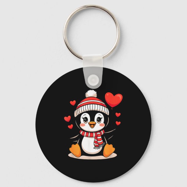 Chaveiro Valentine's Day Penguin Heart Balloon Cute  (Frente)