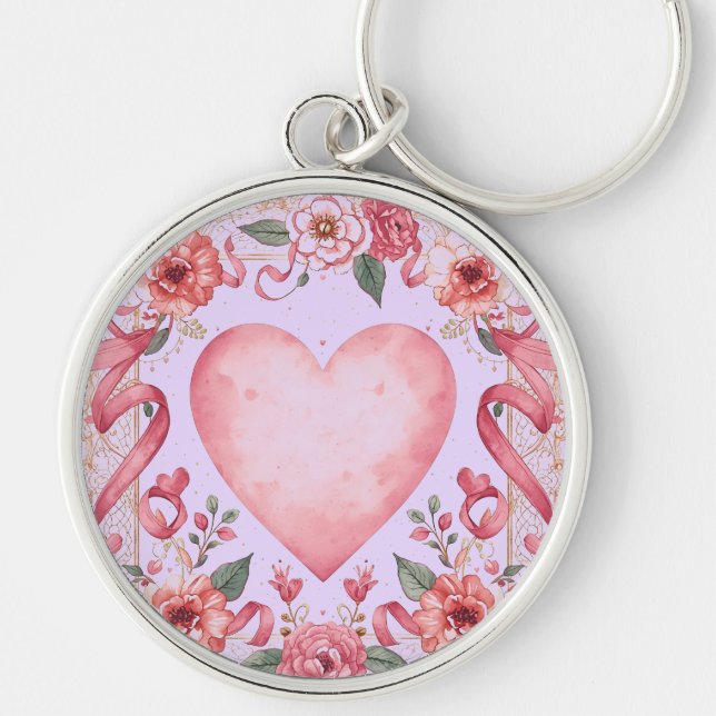 Chaveiro Valentine's Day, Pink Love Heart, Soft Purple Back (Frente)
