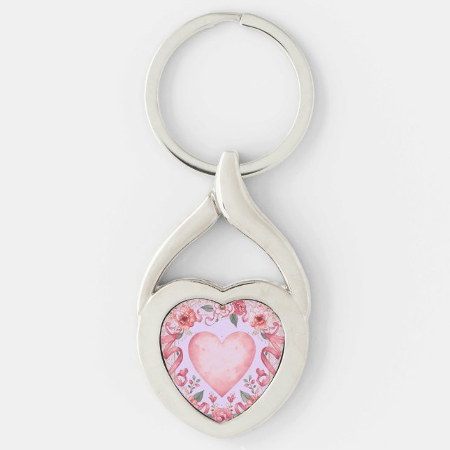 Chaveiro Valentine's Day, Pink Love Heart, Soft Purple Back (Frente)
