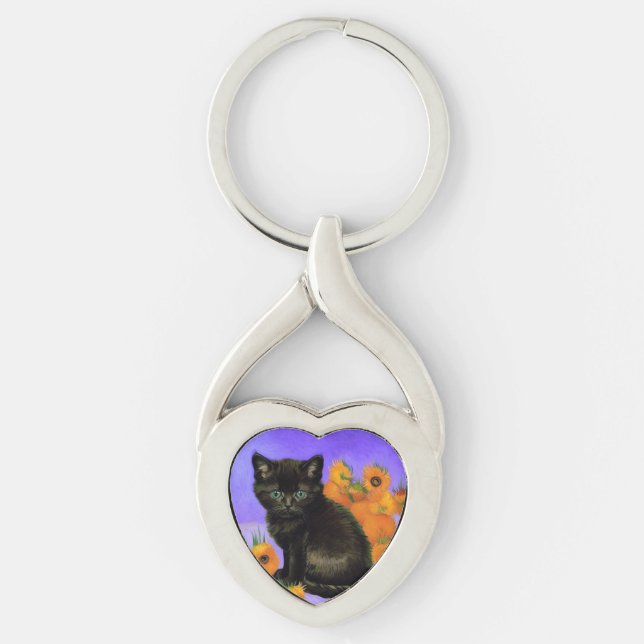 Chaveiro Van Gogh Black Kitten com Girassóis (Frente)