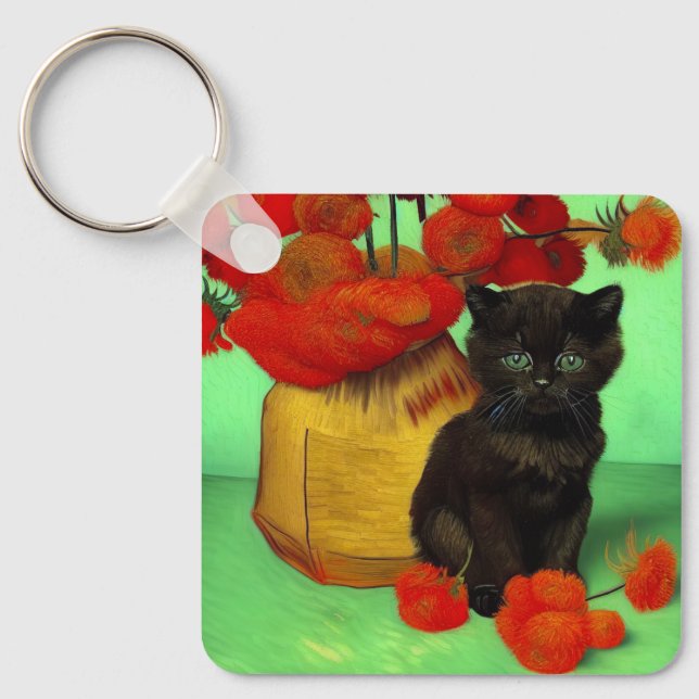 Chaveiro Van Gogh Black Kitten Red Flowers (Frente)