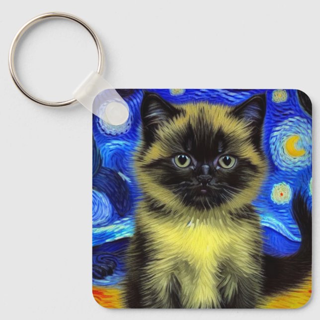Chaveiro Van Gogh Starry Night Siamese Cat (Frente)
