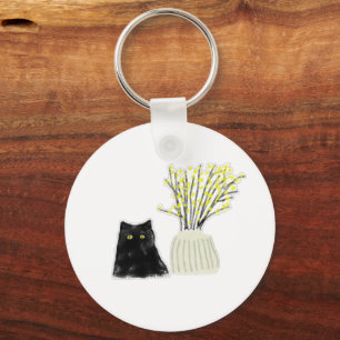 Chaveiro Vaso de Flores Amarelas Gato Preto Arte de Lápis