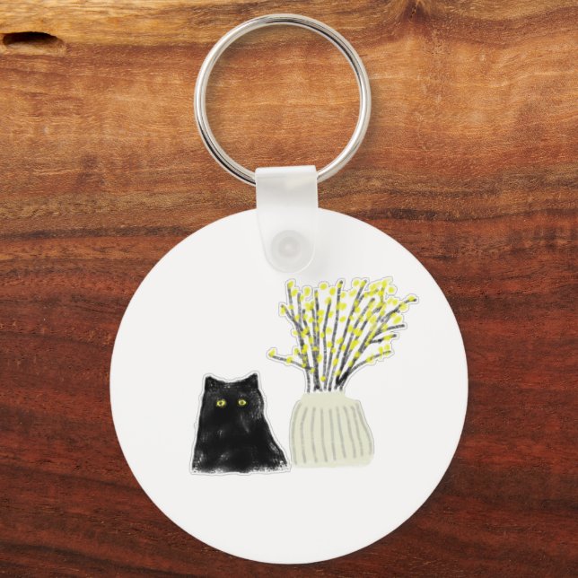 Chaveiro Vaso de Flores Amarelas Gato Preto Arte de Lápis (Frente)