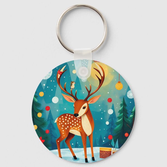 Chaveiro Veado Festivo em Floresta Neve (Frente)