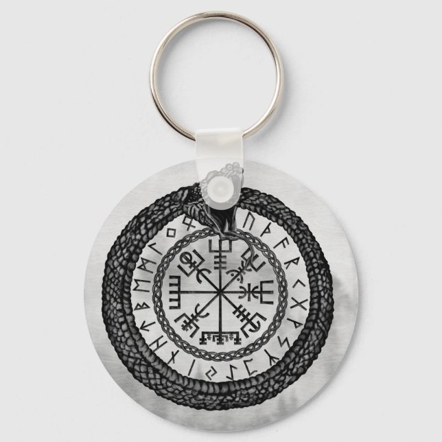 Chaveiro Vegvisir com Ouroboros e corridas - escala cinzent (Frente)
