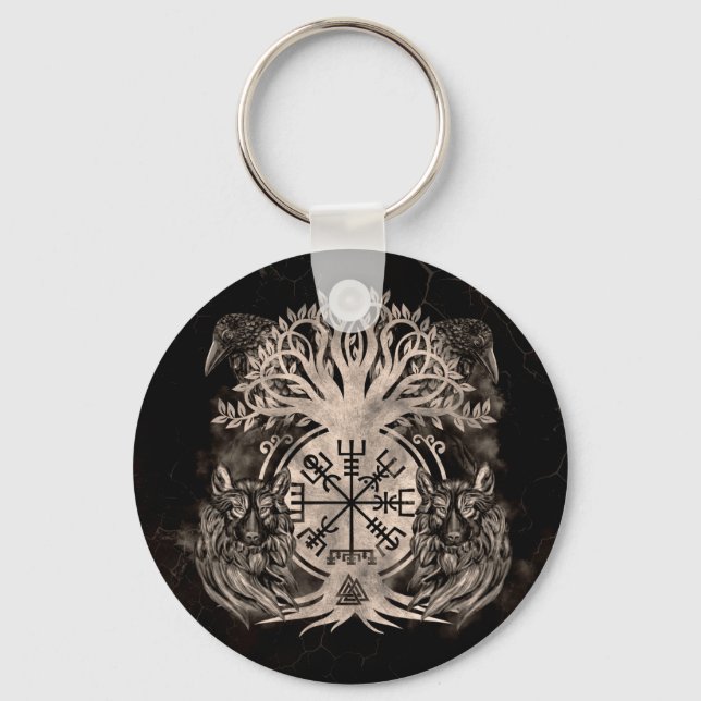 Chaveiro Vegvisir - Yggdrasil Com Ravens E Lobos (Frente)
