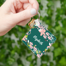 Chaveiro Verde com Flores Rosa Personalizadas