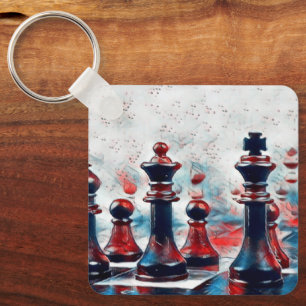 Chaveiro Vermelho, Branco, Azul Xadrez Peças King, Queen,