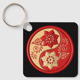 Chaveiro Vermelho e Dourado Floral Yin Yang