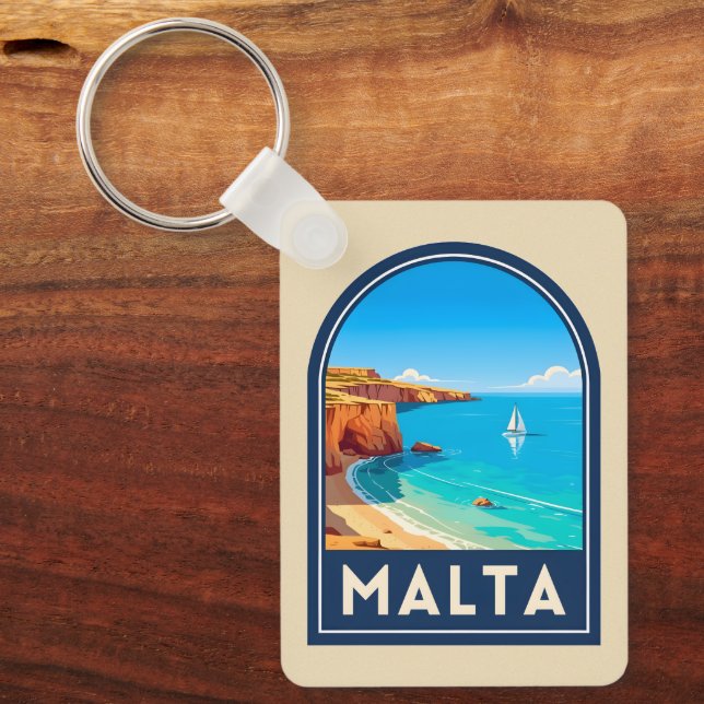 Chaveiro Viagem Antiga Malta Paisagem à Beira-Mar Retro (Frente)