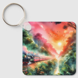 Chaveiro Viagem de Trem Pôr-do-Sol Tropical em Aquarela